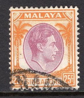 Singapore   #14  used   1948  George  VI   25ct   perf 14