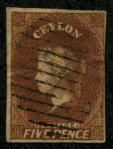 Ceylon SC#6 / SG#5 Victoria, 5d, white paper, Imperf, used