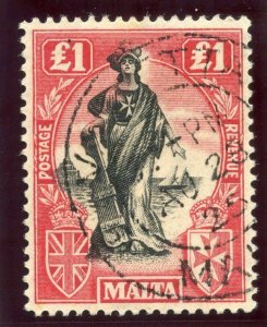Malta 1922 KGV £1 black & bright carmine very fine used. SG 140. Sc 114.