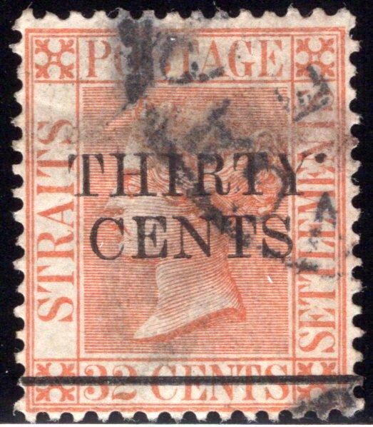 76 Straits Settlements, Surcharged 30c on 32c red orange, used