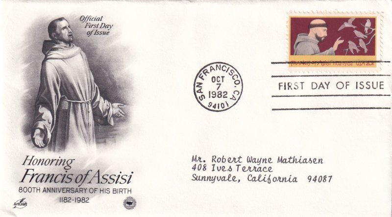 1982, Honoring Francis of Assisi, Art Craft/PCS, FDC (E12265)