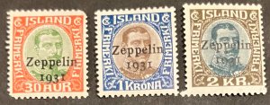 Iceland Scott# C9-11 Zeppelin overprint stamps MNH