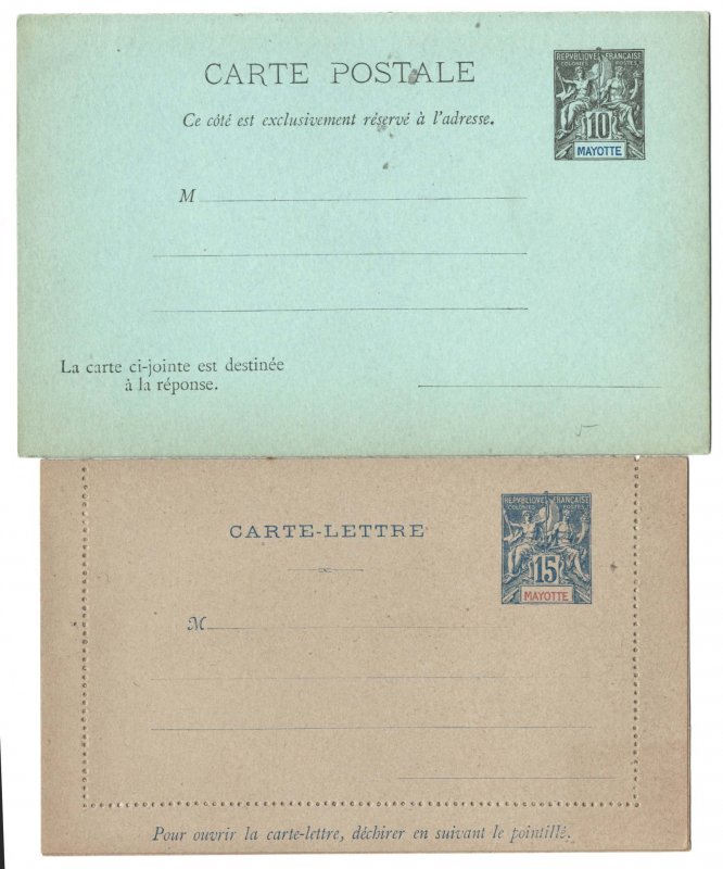 Mayotte 1892 10c+10c black on green reply card & 15c blue on grey lettercard fin