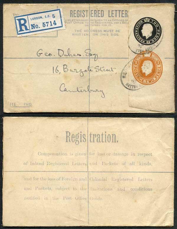 RP31a KGV 2d Black and 2d Orange Compound Registered Envelope Flap 7 DN Under F