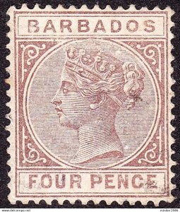 BARBADOS 1885 QV 4d Pale Brown SG98 FU