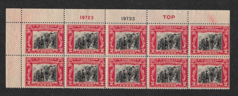 651 2c. George Rogers Clark,  Plate block of 10, Unused, FREE INSURED SHIPPING