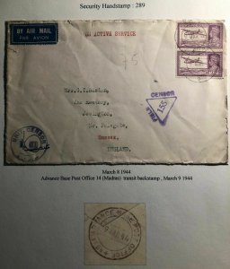 1944 Madras India On Active Service censored Cover To England