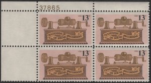 SC#1705 13¢ Phonograph Centenary Plate Block: UL#37865 (1977) MNH*