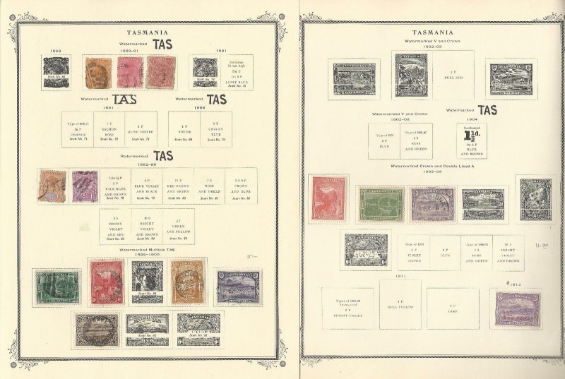 Tasmania Stamp Collection 1853 to 1912 on 9 Scott Specialty Pages