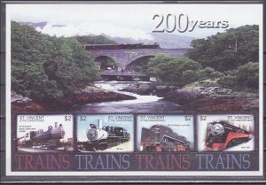 St. Vincent. Scott cat. 200 Years of Trains sheet of 4.