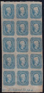 C.S.A. Sc# 12a 1863 1864 10¢ Davis imperf block of15 imprint plate No.4 MNG