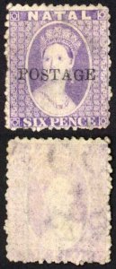 Natal SG83x 6d Violet Wmk CC Reversed Opt POSTAGE (Davis) Re-gummed Cat 85