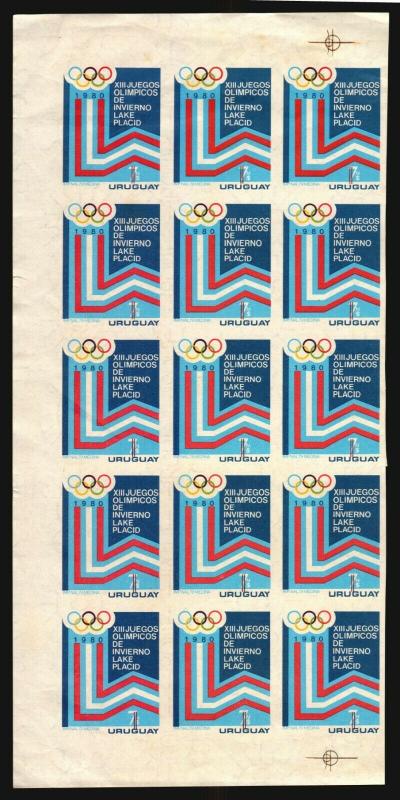 WINTER OLYMPIC GAMES LAKE PLACID 1980 URUGUAY #1020 IMPERFORATED ERROR PIECE RR