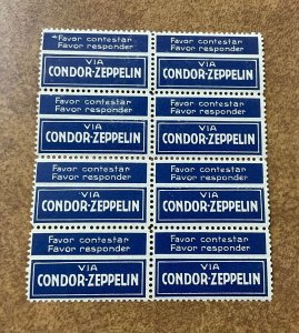 1930's CONDOR ZEPPELIN AIR MAIL ETIQUETTE LABEL block of 8 stamps