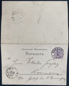 1883 Bremen Germany Reply Stationery Postcard Cover Locally Used