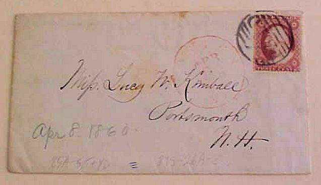 US #26 BOSTON PAID  1860  MASSACHUSETTS   TO PORTSMOUTH NH