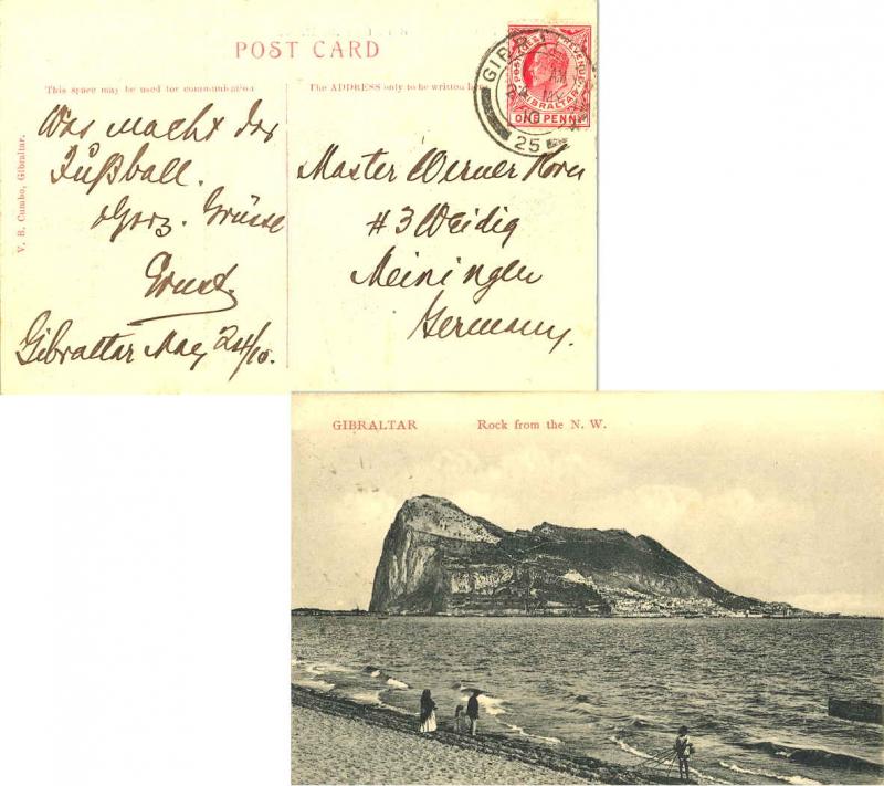 Gibraltar 1d KEVII 1910 Gibraltar, 25 PPC (Rock from the N.W.) to Meiningen, ...