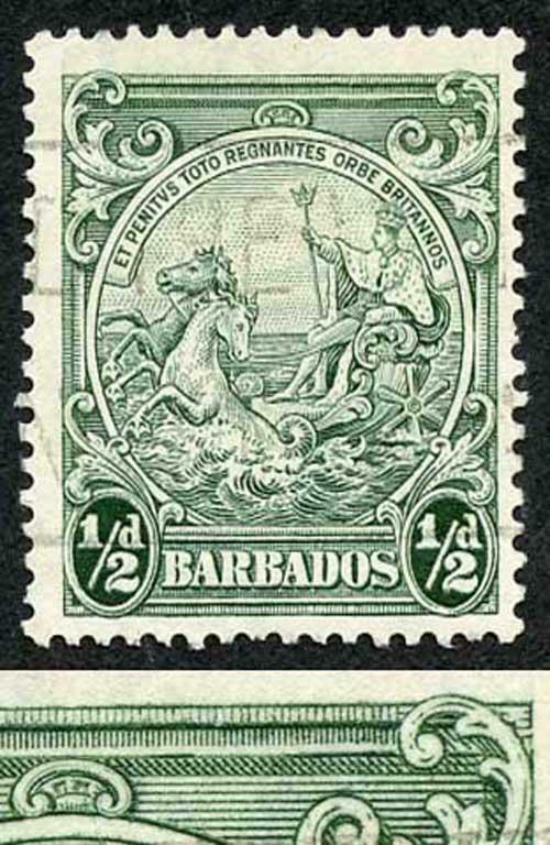 Barbados SG248a 1/2d Perf 13.5 x 13 R10/6 RECUT LINE Fine Used