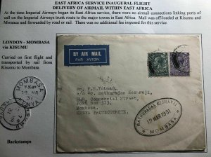 1931 London England First Flight Airmail Cover FFC To Mombasa Kenya