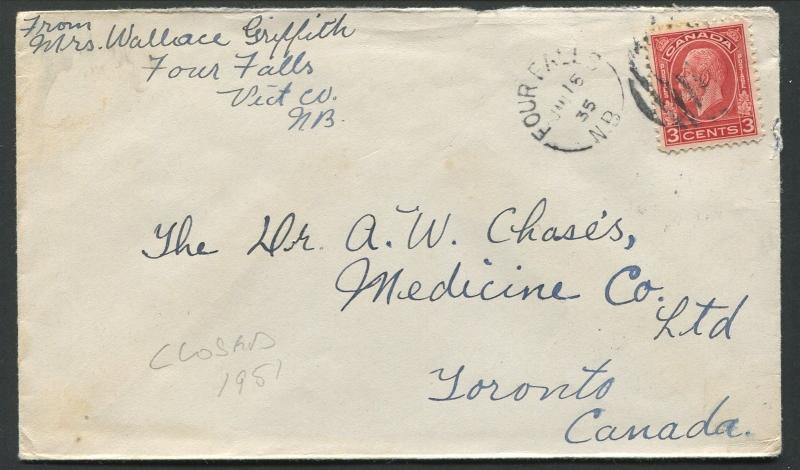 NEW BRUNSWICK SPLIT RING TOWN CANCEL COVER FOUR FALLS 