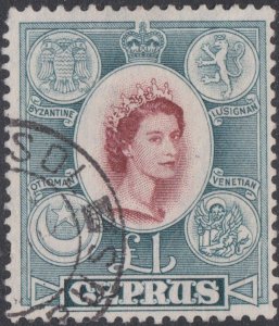 003506/ Cyprus 1955 Sg187 £1 Brown lake & Slate Fine Used Cv £60