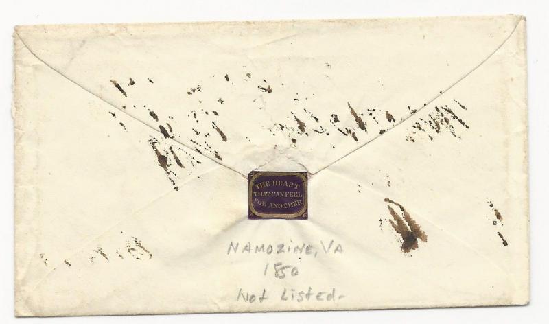 VA US STAMPLESS COVER Namozine October 18, 1850 DPO #3 (Pop 27)