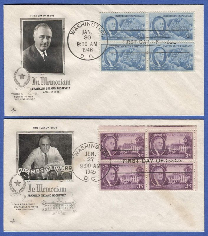 US Sc 930-933 FDR Roosevelt In Memoriam Blocks on 1945-46 FDC's