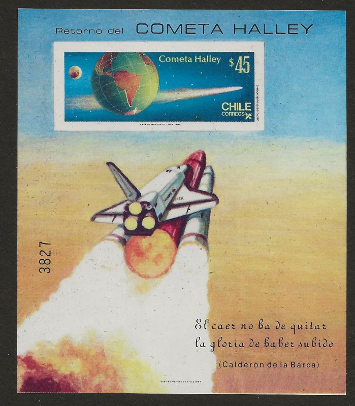 Chile MNH Sc# 702A. Souvenir Sheet with scarce imperforate stamp Halley's Comet