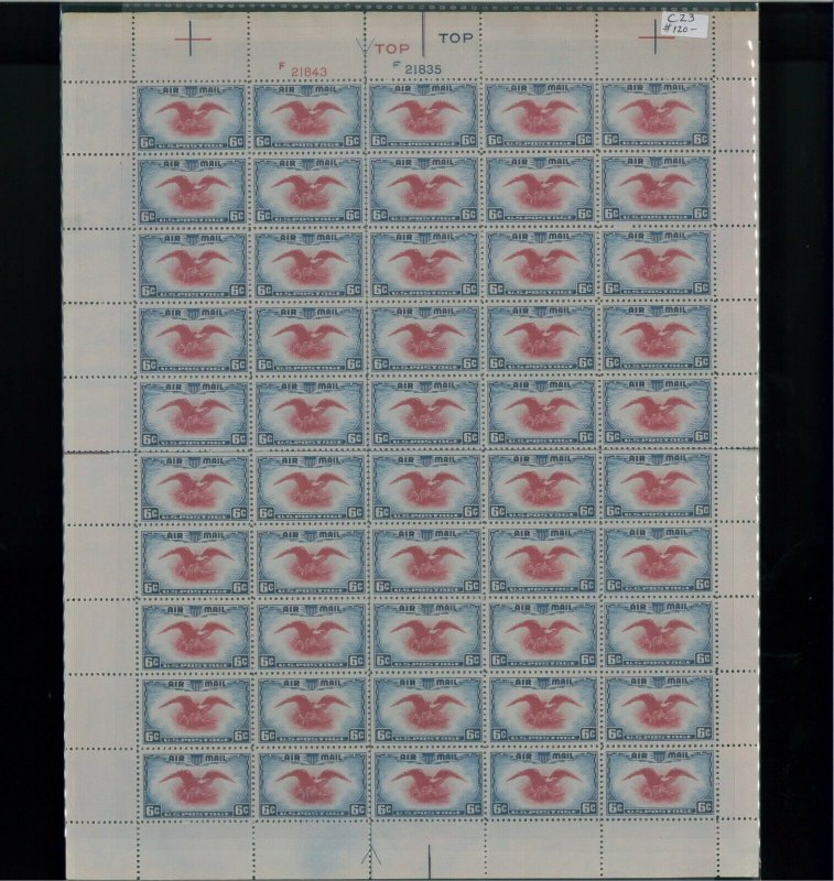 1938 United States Air Mail Postage Stamp #C23 Plate No 21843 Mint Full Sheet
