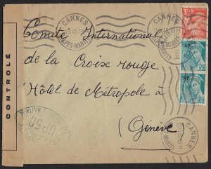 FRANCE 1945 CANNES WAR TIME MILITARY CENSORED COVER TO THE INTL RED CROSS IN GEN