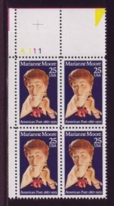 1990 Marianne Moore, Poet, Plate Block Of 4 25c Postage Stamps, Sc#2449, MNH, OG