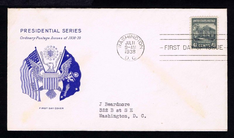 US.# 809  PRESIDENTIAL FIRST DAY COVER  WASH., DC  JULY 11, 1938 - VF (ESP#402)