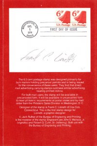 Signed. USPS 1st Day Ceremony Program #1518 C1 6.3 Cent Bulk Postage 1974