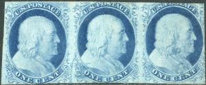 #9 STRIP OF 3 WITH LIGHT BLUE CANCEL POS.37-39R1L CV $415.00 BN9127