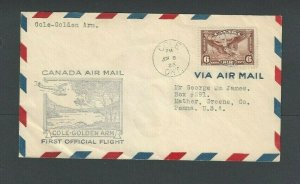 1936 6-8 COVER CANADA 1ST FLT COLE TO GOLDEN ARM W/C5 AIRMAIL CAT #3605b