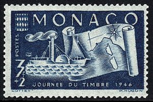 Monaco B92, MNH. Stamp Day. 19th Century Steamer, Map, 1946