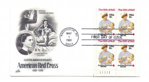 1910 American Red Cross The Gift of Self, ArtCraft, plate block FDC