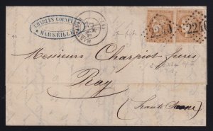 France 1871 2x 10c bistre Bordeaux on Folded Letter Marseille to Roye