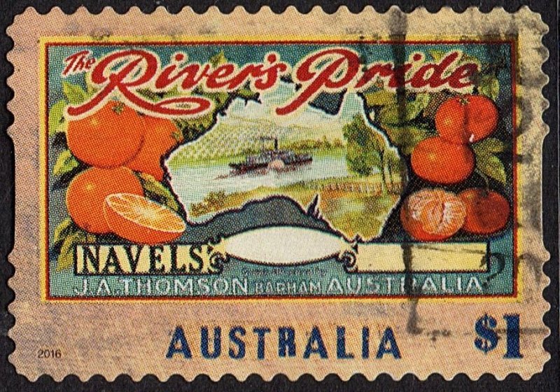 AUSTRALIA 2016 $1, Nostalgic Fruit Labels-River's Pride Navels Self Adhe...