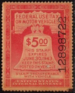 1942 US Scott #- RV6 $5.00 Motor Vehicle Use Tax Liberty Bell Used