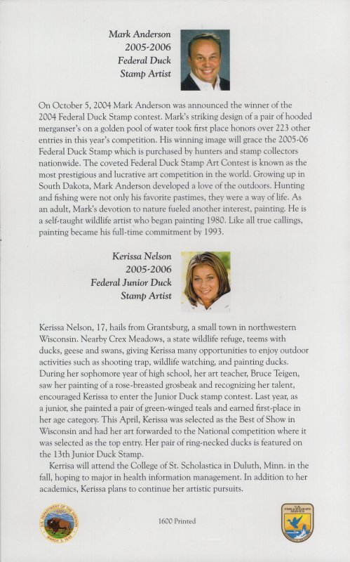 USPS First Day of Sale Ceremony Program for the 2005 Federal/Junior Duck Stamps