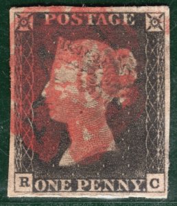 GB PENNY BLACK 1840 QV Stamp SG.2 1d Plate 2 (RC) Red MX Used Cat £375- REDG38