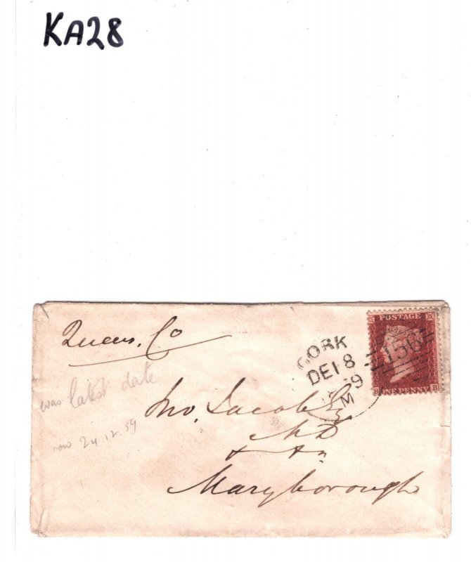 GB IRELAND Cover CORK SPOON (Irish-Type) Maryborough 1d Red 1859 {samwells}KA28