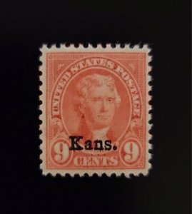 1929 9c Thomas Jefferson Kansas Overprint Scott 667 Mint F/VF LH