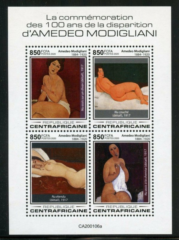 CENTRAL AFRICA 2020 100th MEMORIAL OF AMADEO MODIGLIANI PAINTING  SHEET MINT NH