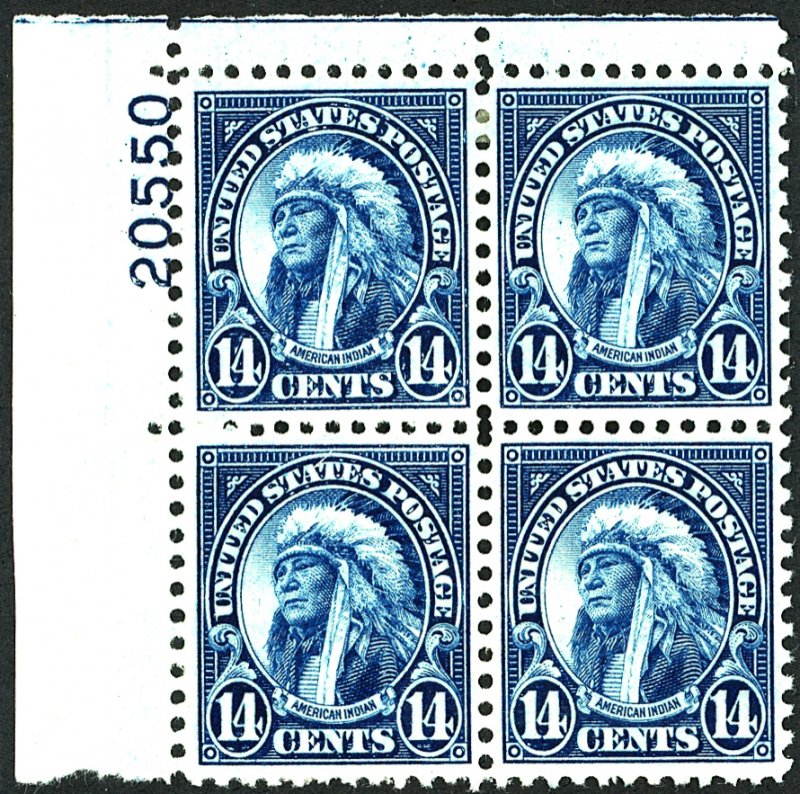 U.S. #695 MINT PL# BLOCK OF 4 OG LH