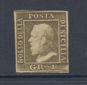 Two Sicilies Sc 12i MLH. 1859 1g olive green Ferdinand on hard white paper, F-VF