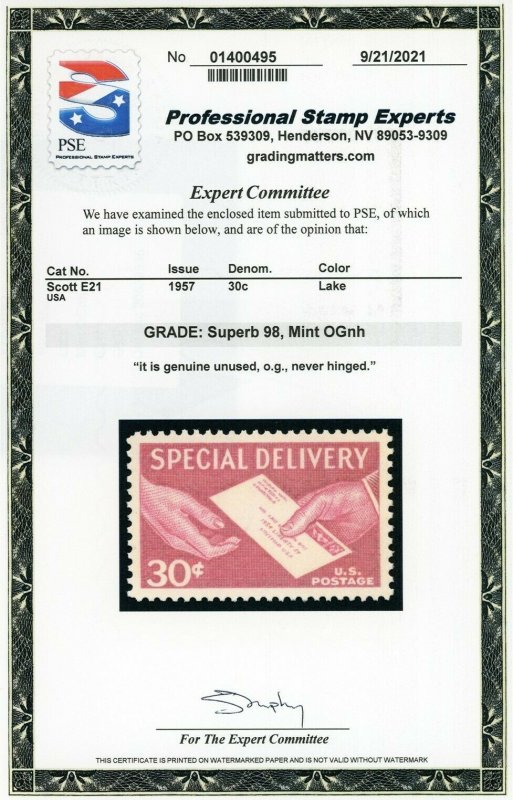 US Stamp #E21 Special Delivery 30c - PSE Cert - Superb 98 - MNH SMQ $110.00 