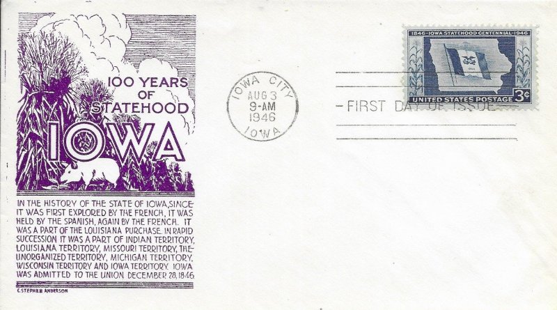 1946 FDC, #942, 3c Iowa Territory Centennial, Anderson