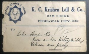 1930 Peshawar India Advertising Afghan Stamps & Coins cover to Paterson NJ USA